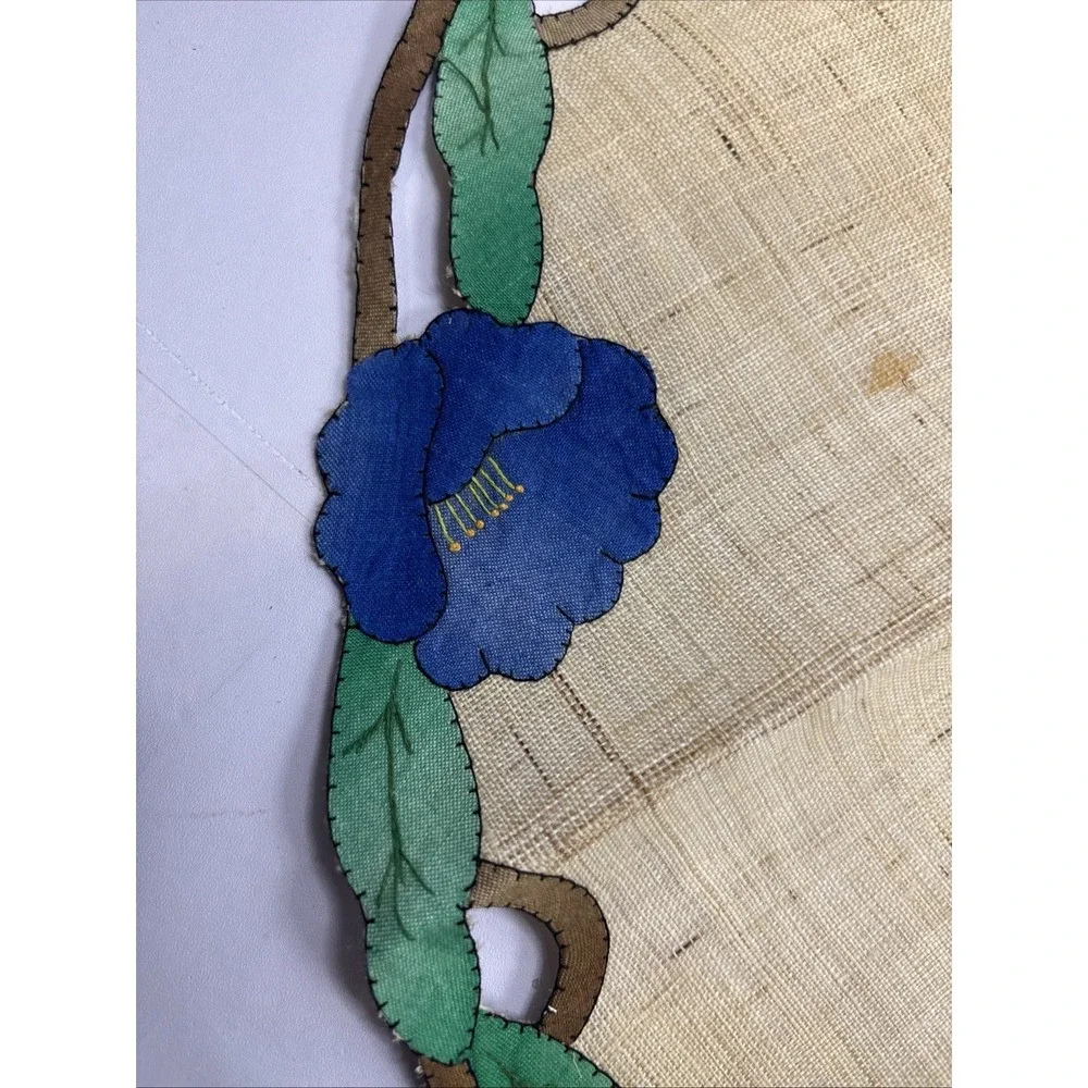 Antique Oval Shape Linen Doily‎ Hand Appliqued Poppy Flowers Poppies 34 Inch